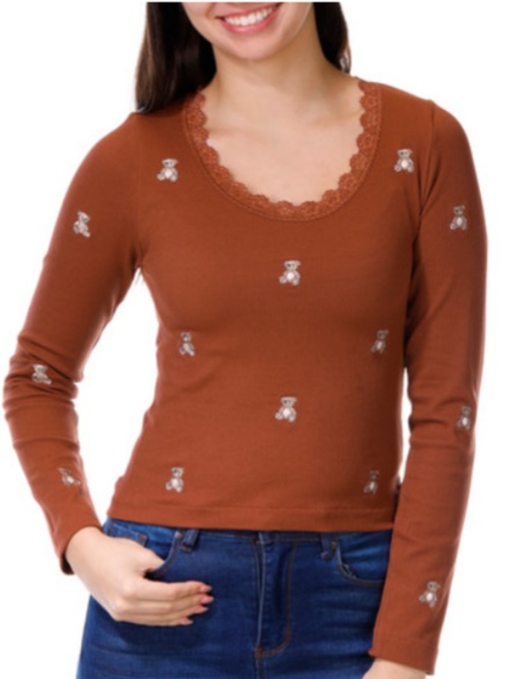 NWT Jolie & Joy Juniors Long Sleeve Embroidered Bear Top - Brown Size M